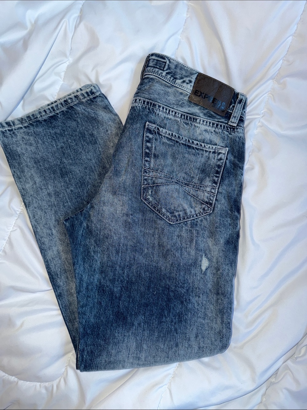Express Men's Slim Straight Jeans in Washed Blue Denim
